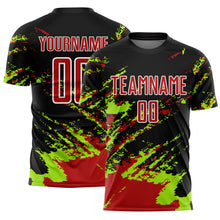 Load image into Gallery viewer, Custom Black Red-Neon Green Abstract Fragment Art Splash Sublimation Soccer Uniform Jersey