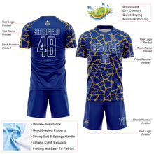 Load image into Gallery viewer, Custom Royal Old Gold-White Abstract Network Splash Sublimation Soccer Uniform Jersey