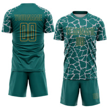 Load image into Gallery viewer, Custom Teal Gray-Old Gold Abstract Network Splash Sublimation Soccer Uniform Jersey