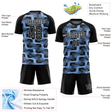 Load image into Gallery viewer, Custom Black Light Blue-White Line Sublimation Soccer Uniform Jersey
