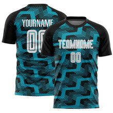 Load image into Gallery viewer, Custom Black White-Teal Line Sublimation Soccer Uniform Jersey