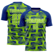 Load image into Gallery viewer, Custom Royal Neon Green-White Line Sublimation Soccer Uniform Jersey