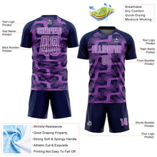 Load image into Gallery viewer, Custom Navy Medium Purple-White Line Sublimation Soccer Uniform Jersey