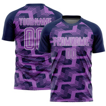 Load image into Gallery viewer, Custom Navy Medium Purple-White Line Sublimation Soccer Uniform Jersey