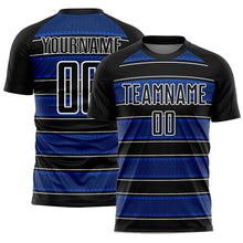 Load image into Gallery viewer, Custom Black Thunder Blue-White Geometric Shapes And Line Sublimation Soccer Uniform Jersey