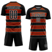 Load image into Gallery viewer, Custom Black Orange-White Geometric Shapes And Line Sublimation Soccer Uniform Jersey