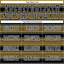 Load image into Gallery viewer, Custom Black Old Gold-White Geometric Shapes And Line Sublimation Soccer Uniform Jersey