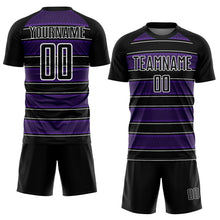Load image into Gallery viewer, Custom Black Purple-White Geometric Shapes And Line Sublimation Soccer Uniform Jersey