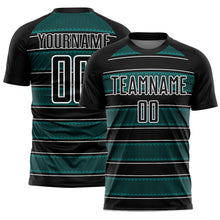 Load image into Gallery viewer, Custom Black Teal-White Geometric Shapes And Line Sublimation Soccer Uniform Jersey