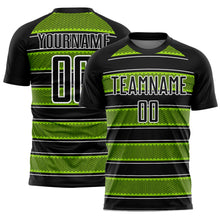 Load image into Gallery viewer, Custom Black Neon Green-White Geometric Shapes And Line Sublimation Soccer Uniform Jersey
