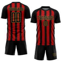 Load image into Gallery viewer, Custom Black Red-Old Gold Line Sublimation Soccer Uniform Jersey