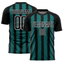 Load image into Gallery viewer, Custom Black Teal-White Line Sublimation Soccer Uniform Jersey
