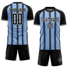 Load image into Gallery viewer, Custom Black Light Blue-White Line Sublimation Soccer Uniform Jersey