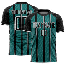 Load image into Gallery viewer, Custom Black Teal-White Line Sublimation Soccer Uniform Jersey