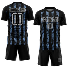 Load image into Gallery viewer, Custom Black Light Blue-White Line Sublimation Soccer Uniform Jersey