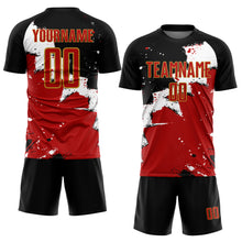 Load image into Gallery viewer, Custom Black Red-Old Gold Spalsh Sublimation Soccer Uniform Jersey