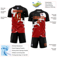 Load image into Gallery viewer, Custom Black Red-Old Gold Spalsh Sublimation Soccer Uniform Jersey