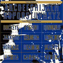 Load image into Gallery viewer, Custom Black Royal-Old Gold Spalsh Sublimation Soccer Uniform Jersey