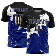 Load image into Gallery viewer, Custom Black Royal-Old Gold Spalsh Sublimation Soccer Uniform Jersey