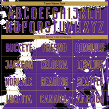 Load image into Gallery viewer, Custom Black Purple-Old Gold Spalsh Sublimation Soccer Uniform Jersey