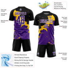 Load image into Gallery viewer, Custom Black Purple-Yellow Spalsh Sublimation Soccer Uniform Jersey