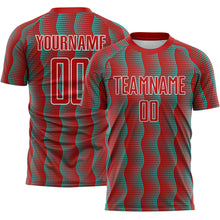 Load image into Gallery viewer, Custom Red Aqua-White Geometric Shape Sublimation Soccer Uniform Jersey