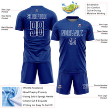 Load image into Gallery viewer, Custom Royal White Geometric Shape Sublimation Soccer Uniform Jersey