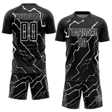 Load image into Gallery viewer, Custom Black White Lightning Sublimation Soccer Uniform Jersey