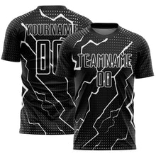 Load image into Gallery viewer, Custom Black White Lightning Sublimation Soccer Uniform Jersey