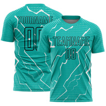 Load image into Gallery viewer, Custom Aqua Black-White Lightning Sublimation Soccer Uniform Jersey