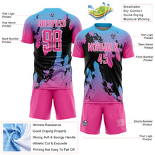 Load image into Gallery viewer, Custom Pink Sky Blue-Black Splash Sublimation Soccer Uniform Jersey