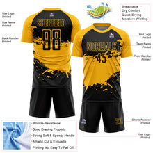 Load image into Gallery viewer, Custom Black Gold Splash Sublimation Soccer Uniform Jersey