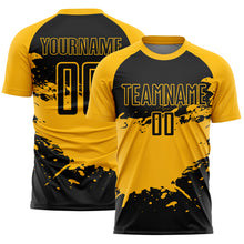 Load image into Gallery viewer, Custom Black Gold Splash Sublimation Soccer Uniform Jersey
