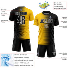 Load image into Gallery viewer, Custom Black Yellow-White Gradient Line Sublimation Soccer Uniform Jersey
