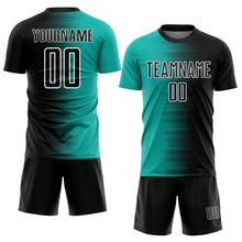 Load image into Gallery viewer, Custom Black Aqua-White Gradient Line Sublimation Soccer Uniform Jersey