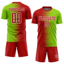 Load image into Gallery viewer, Custom Red Neon Green-White Gradient Line Sublimation Soccer Uniform Jersey