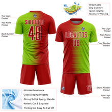 Load image into Gallery viewer, Custom Red Neon Green-White Gradient Line Sublimation Soccer Uniform Jersey