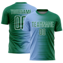 Load image into Gallery viewer, Custom Kelly Green Light Blue-White Gradient Line Sublimation Soccer Uniform Jersey