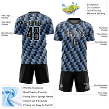 Load image into Gallery viewer, Custom Black Light Blue-White Line Sublimation Soccer Uniform Jersey