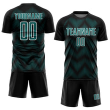 Load image into Gallery viewer, Custom Black Teal-White Line Sublimation Soccer Uniform Jersey
