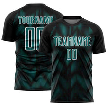 Load image into Gallery viewer, Custom Black Teal-White Line Sublimation Soccer Uniform Jersey