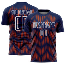 Load image into Gallery viewer, Custom Navy Orange-White Line Sublimation Soccer Uniform Jersey