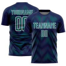 Load image into Gallery viewer, Custom Navy Teal-White Line Sublimation Soccer Uniform Jersey