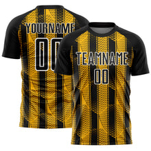 Load image into Gallery viewer, Custom Black Gold-White Abstract Network Sublimation Soccer Uniform Jersey
