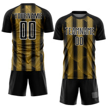 Load image into Gallery viewer, Custom Black Old Gold-White Abstract Network Sublimation Soccer Uniform Jersey