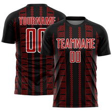 Load image into Gallery viewer, Custom Black Red-White Geometric Shape Sublimation Soccer Uniform Jersey
