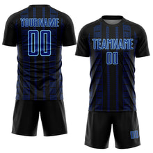 Load image into Gallery viewer, Custom Black Royal-Light Blue Geometric Shape Sublimation Soccer Uniform Jersey