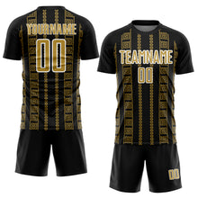 Load image into Gallery viewer, Custom Black Old Gold-White Geometric Shape Sublimation Soccer Uniform Jersey