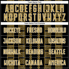 Load image into Gallery viewer, Custom Black Old Gold-White Geometric Shape Sublimation Soccer Uniform Jersey