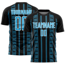 Load image into Gallery viewer, Custom Black Sky Blue-White Geometric Shape Sublimation Soccer Uniform Jersey